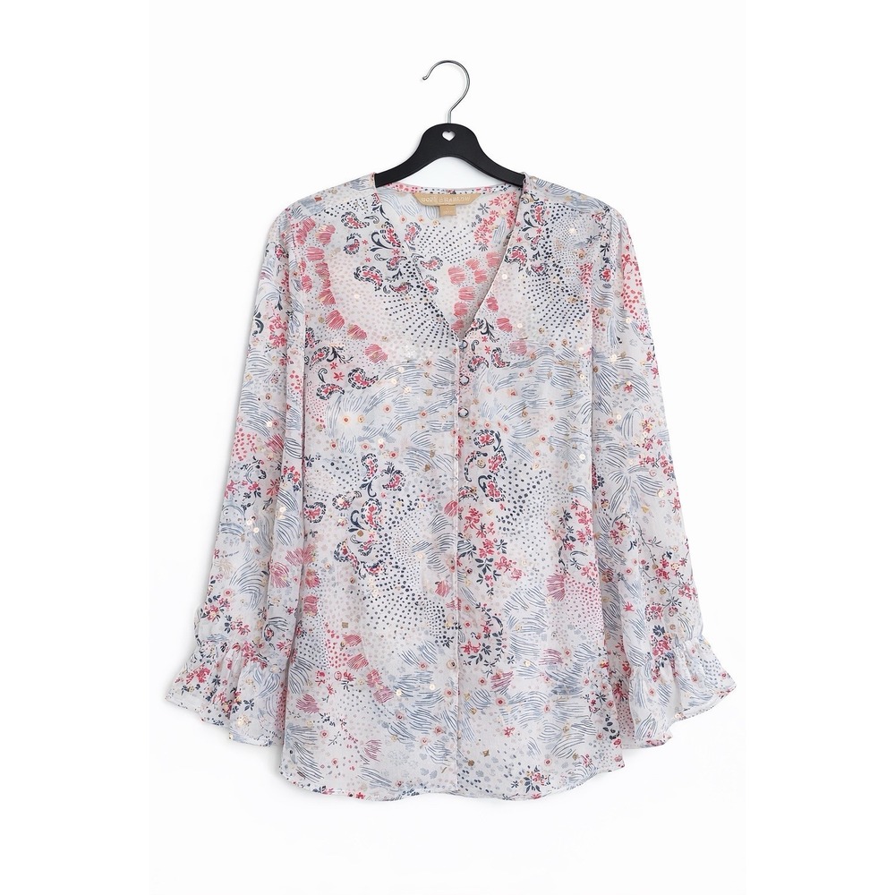 Button-Front Floral V-Neck Blouse in White and Pink